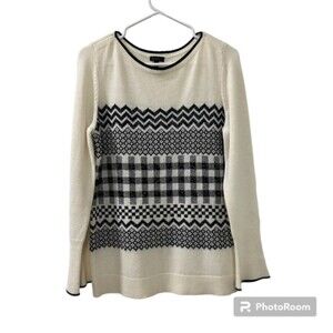 Talbots Womens Cream Black Geometric Print Nylon Wool Blend Sweater Size Medium
